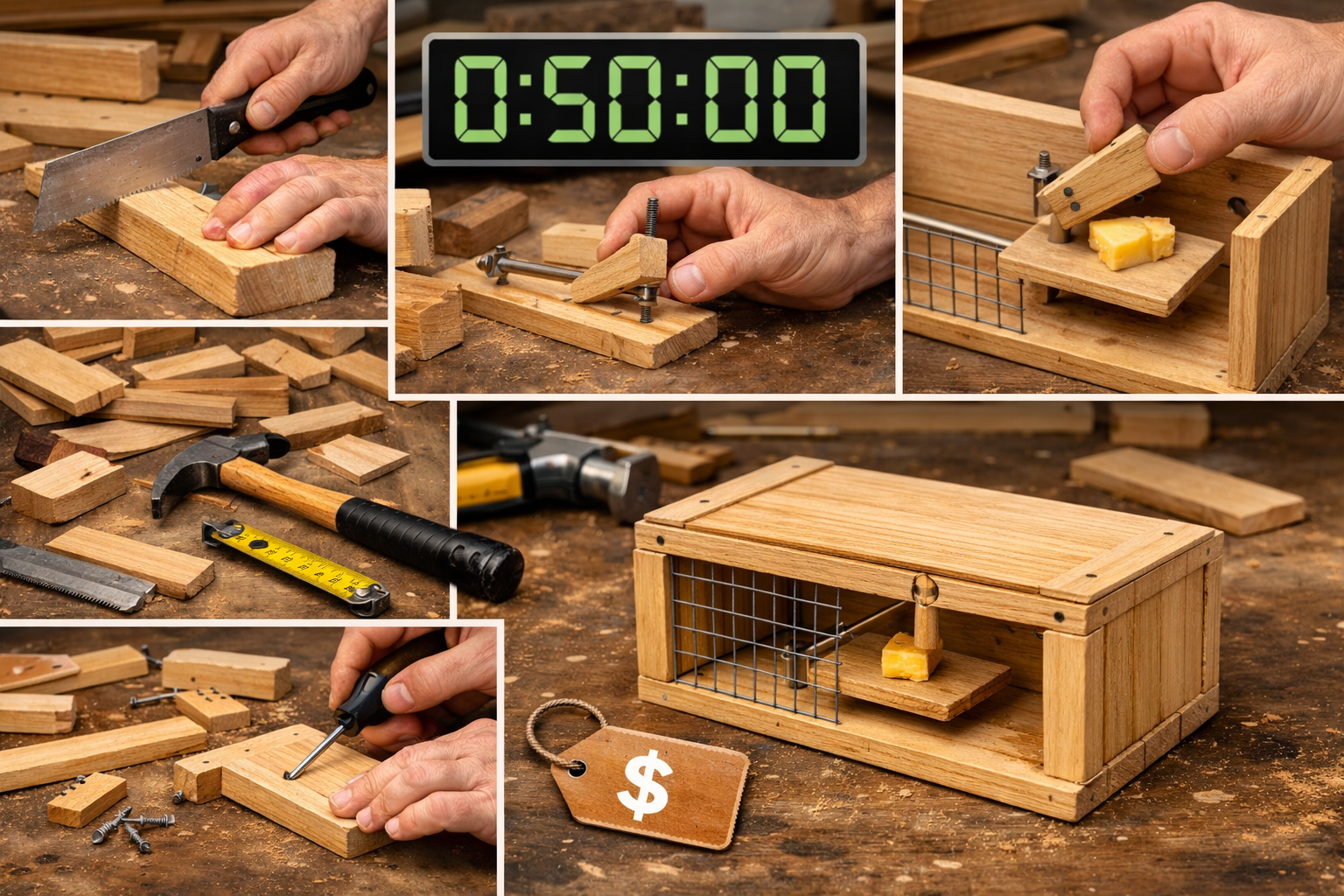 A landscape format (1536x1024) image illustrating the rapid construction of a small wooden humane trap from scrap wood, with individual comp