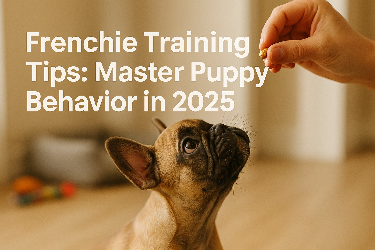 Professional landscape hero image (1536x1024) featuring a playful yet attentive French Bulldog puppy looking up at its owner's hand holding 