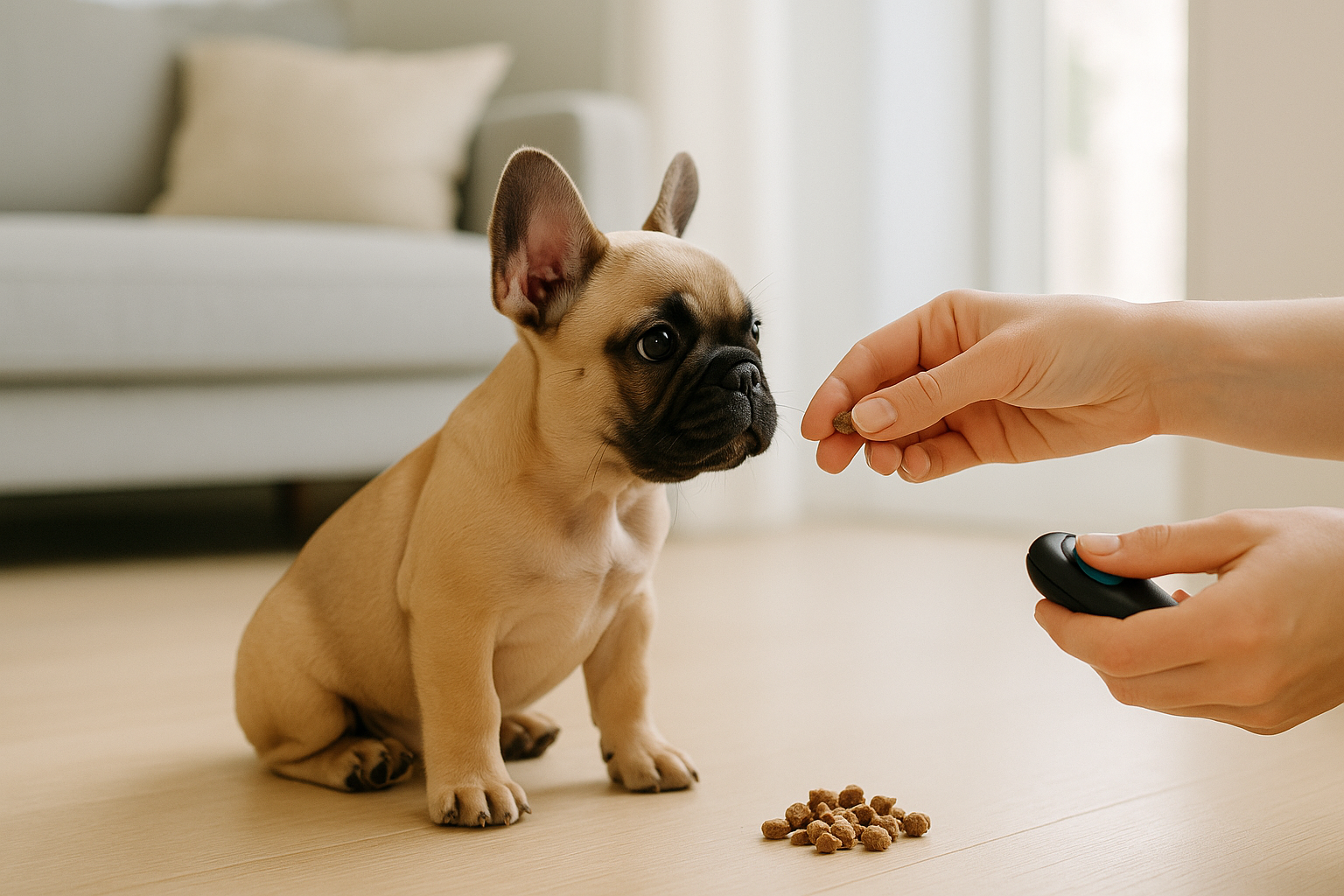 A detailed, editorial-quality landscape image (1536x1024) illustrating a young French Bulldog puppy, approximately 8-12 weeks old, engaged i