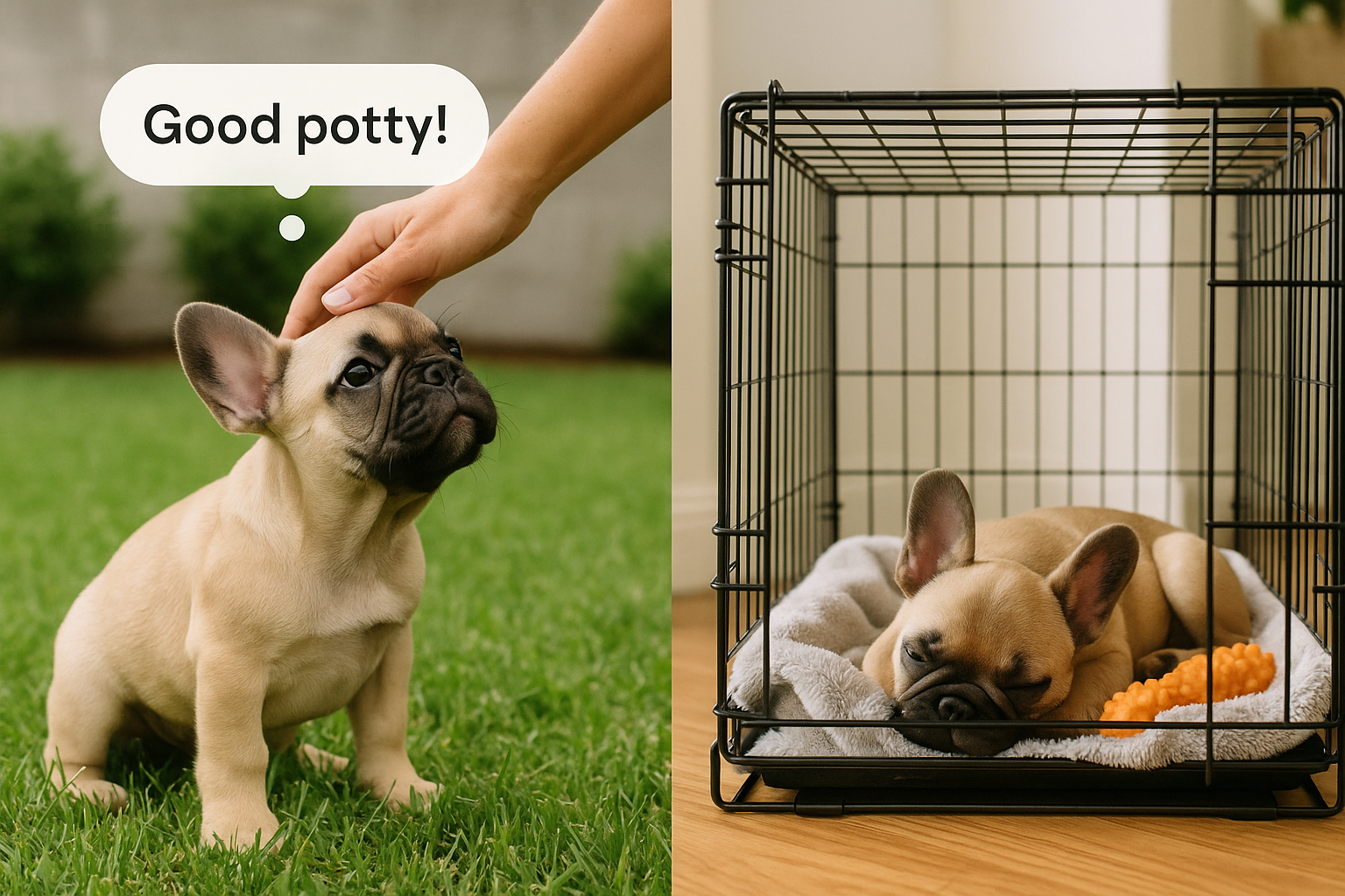 An editorial-quality landscape image (1536x1024) showcasing a structured daily routine for a French Bulldog, focusing on potty training and 