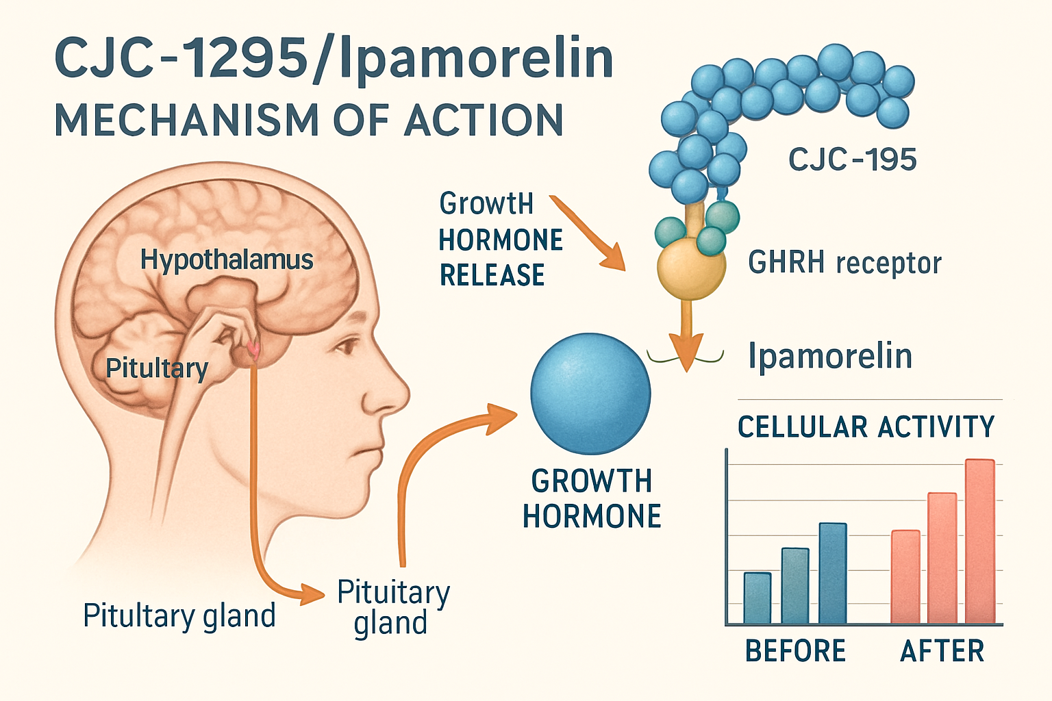 Detailed infographic showing the mechanism of action for CJC-1295/Ipamorelin combination therapy, with anatomical diagrams of the pituitary 