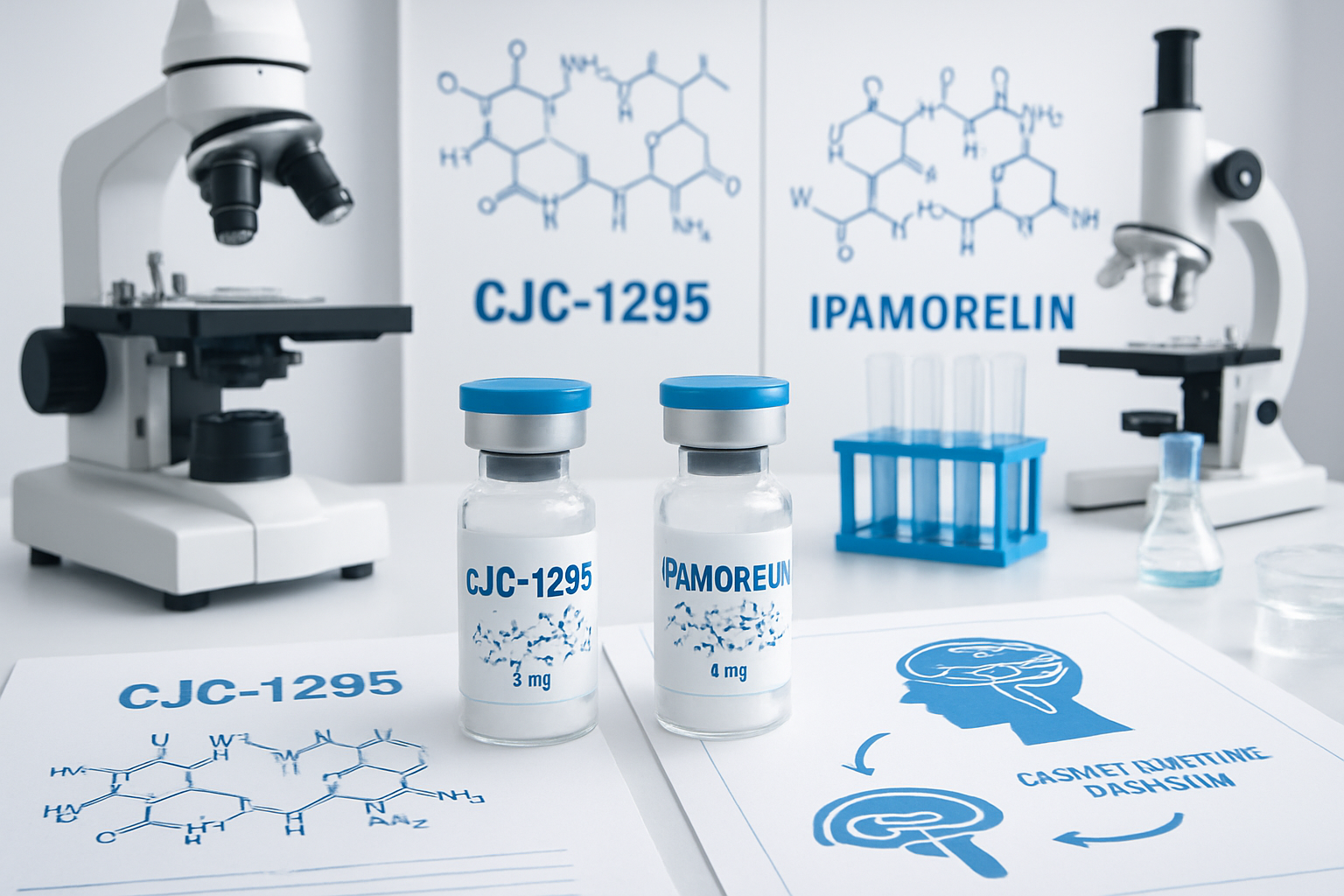 Laboratory research setup showing CJC-1295 and Ipamorelin peptide vials with molecular structure diagrams, scientific equipment including mi