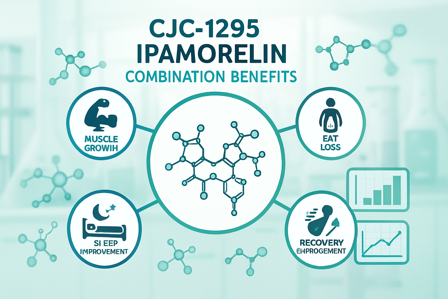 Scientific infographic displaying CJC-1295 Ipamorelin combination benefits with interconnected circular elements showing muscle growth, fat 