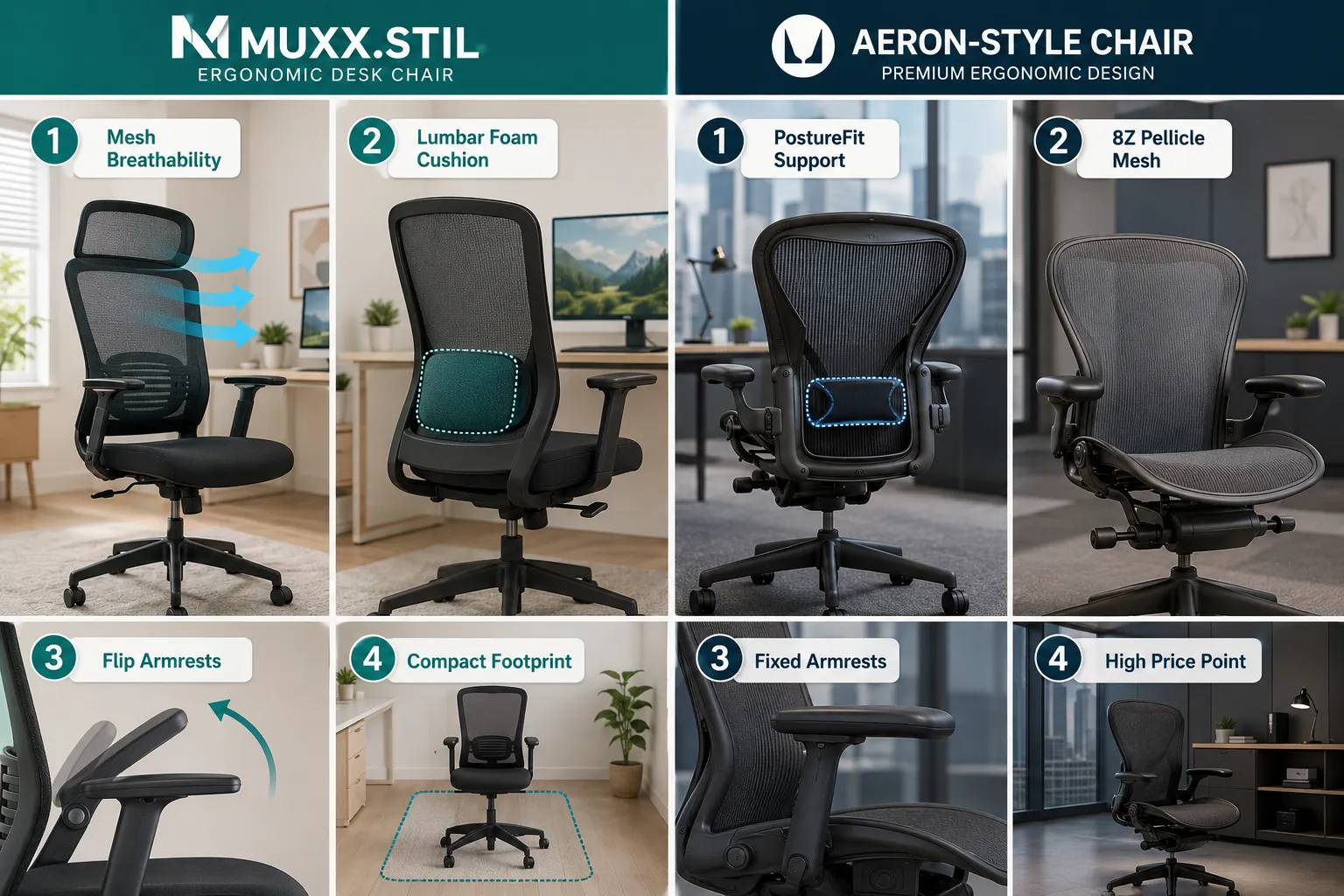 Muxx.Stil Office Chair Four-panel labelled comparison guide in landscape format (1536x1024): left two panels show the Muxx.Stil ergonomic desk chair in a bright home office setting with labels 'Mesh Breathability', 'Lumbar Foam Cushion', 'Flip Armrests', 'Compact Footprint'; right two panels show a premium Herman Miller Aeron-style chair in a corporate office with labels 'PostureFit Support', '8Z Pellicle Mesh', 'Fixed Armrests', 'High Price Point'. Clean white dividers, teal accent headings, editorial infographic style, no dollar amounts or pricing text. Muxx.Stil vs. Herman Miller Aeron and Steelcase Leap: How Does It Compare?