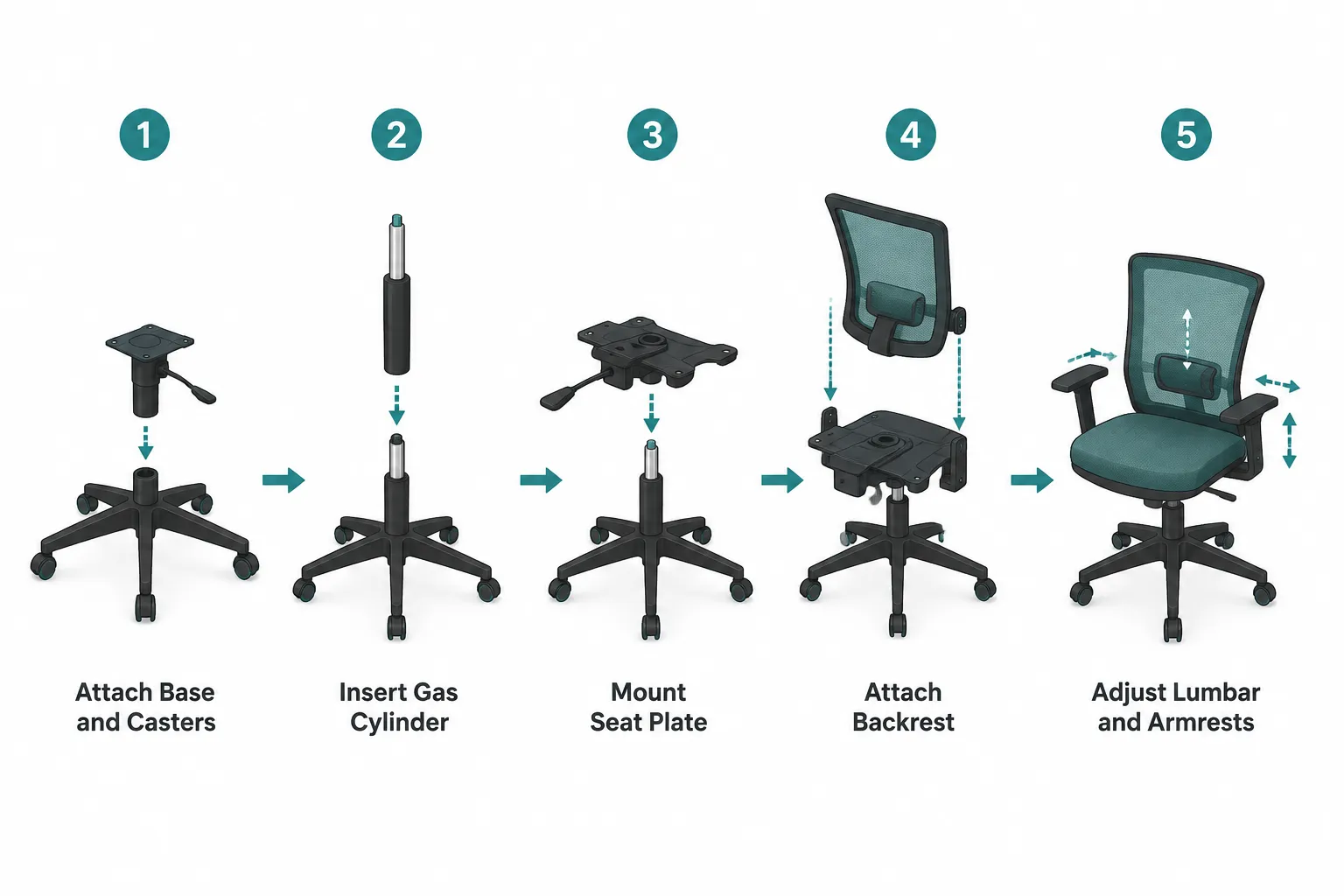 Muxx.Stil Office Chair Numbered step-by-step assembly flow in landscape format (1536x1024): five illustrated steps shown left to right with short captions — Step 1 'Attach Base and Casters', Step 2 'Insert Gas Cylinder', Step 3 'Mount Seat Plate', Step 4 'Attach Backrest', Step 5 'Adjust Lumbar and Armrests'. Each step shows a simple isometric illustration of the component being installed, connected by a horizontal arrow flow, teal and warm-grey palette, clean white background, instructional-diagram polish, no pricing or checkmark grids. Assembly Instructions and Setup for the Muxx.Stil Chair