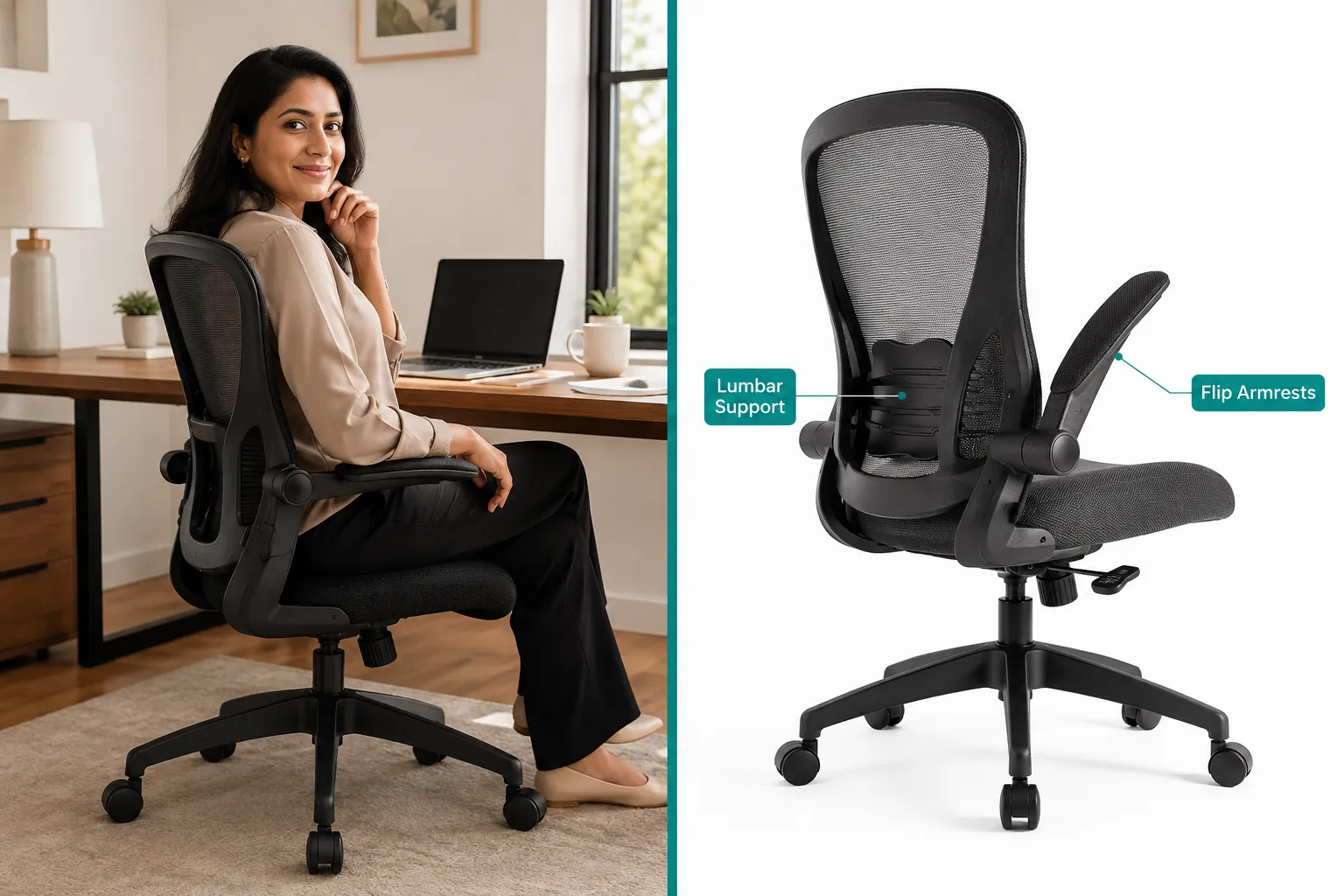 Muxx.Stil Office Chair Split-screen editorial photograph in landscape format (1536x1024): left half shows a woman in her late 30s sitting comfortably in a breathable mesh ergonomic chair at a home office desk, good posture, natural light, relaxed productive expression; right half shows the same chair empty with visible lumbar support cushion and flip-up armrests highlighted by two short callout labels 'Lumbar Support' and 'Flip Armrests'. Warm studio lighting on left, clean white product background on right, teal accent divider line in center, magazine editorial quality. Who Should Buy the Muxx.Stil Office Chair?