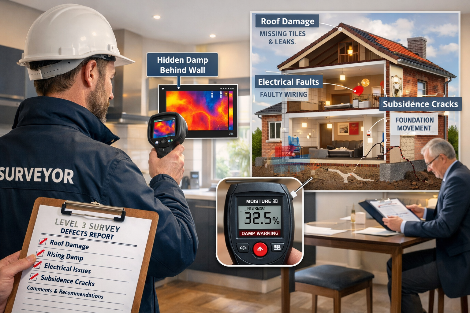 Detailed landscape format (1536x1024) image showing professional chartered surveyor conducting comprehensive Level 3 building survey inside 