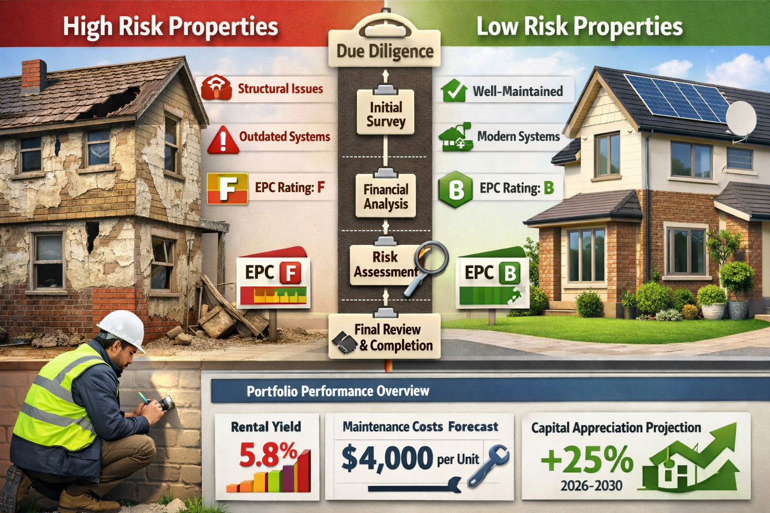 Landscape format (1536x1024) infographic-style image displaying comprehensive risk assessment matrix for institutional buy-to-let portfolios