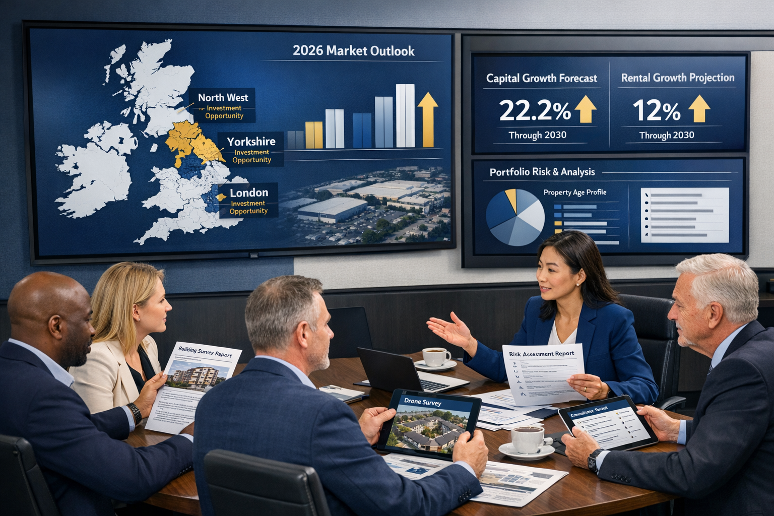 Detailed landscape format (1536x1024) image showing modern institutional landlord portfolio management scene, professional meeting room with