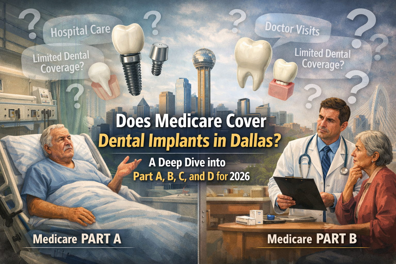 Detailed () image illustrating the complexities of Medicare Parts A and B as they relate to dental procedures. The scene