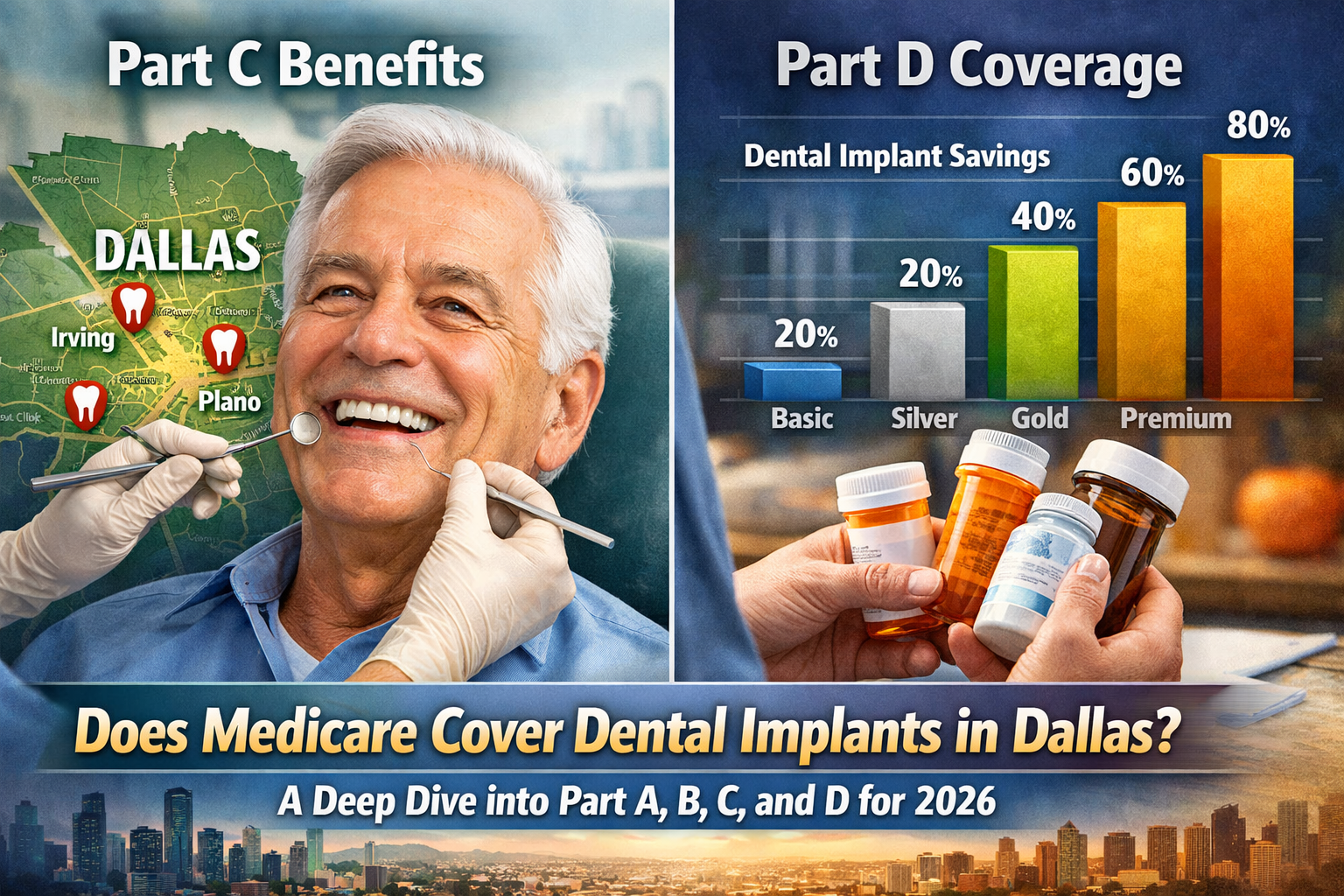 Detailed () image focusing on Medicare Advantage (Part C) and Part D, specifically for dental implant coverage in Dallas.