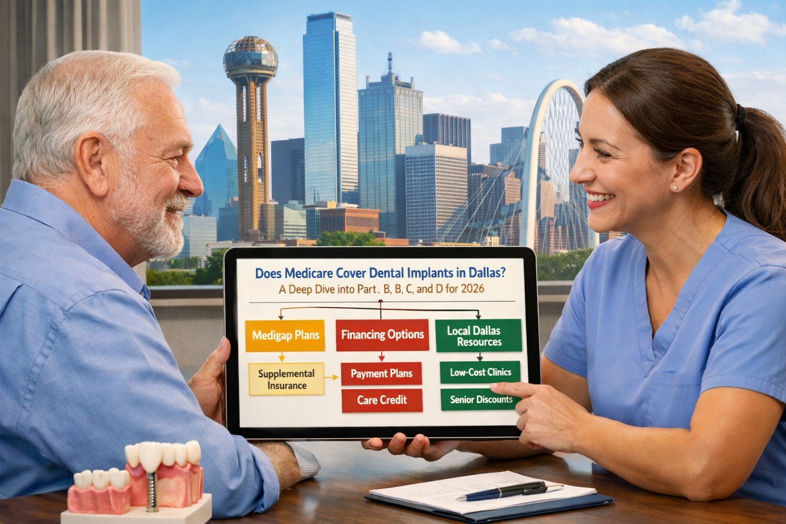 Detailed () image presenting a comprehensive decision-making process for seniors considering dental implants in Dallas. The