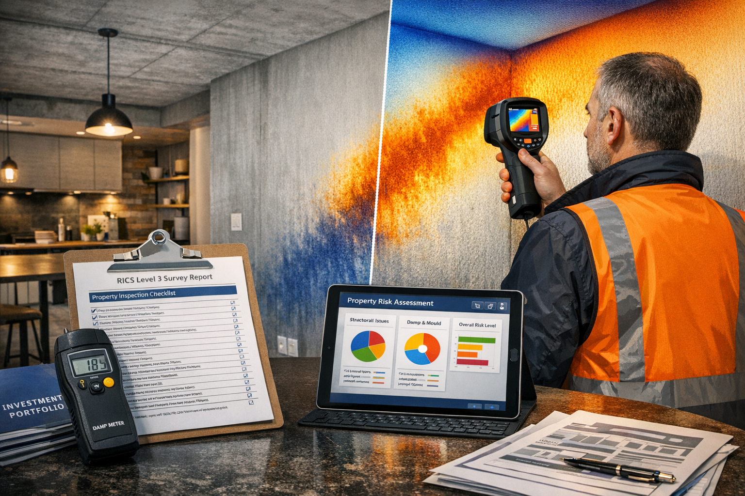 Detailed () image showing professional chartered surveyor conducting comprehensive building inspection inside modern