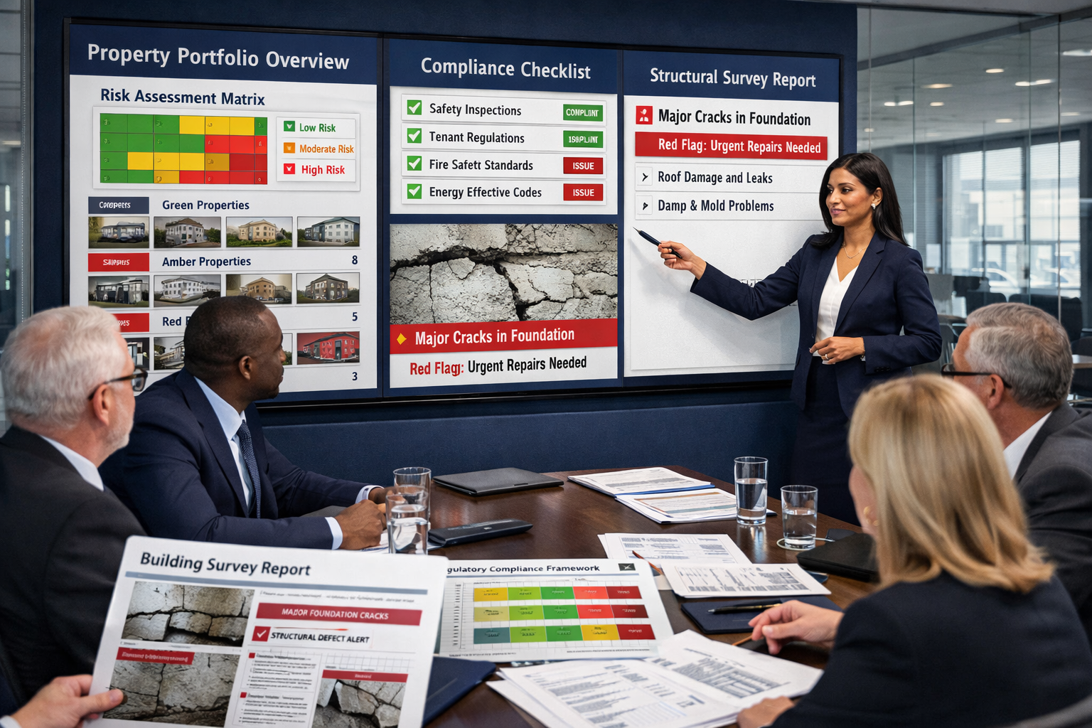 Sophisticated () image depicting institutional investment portfolio management scene for buy-to-let properties. Boardroom