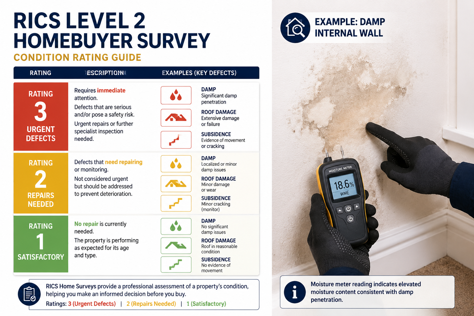 Detailed () editorial image showing a split-panel infographic: left side depicts a RICS Level 2 homebuyer survey condition