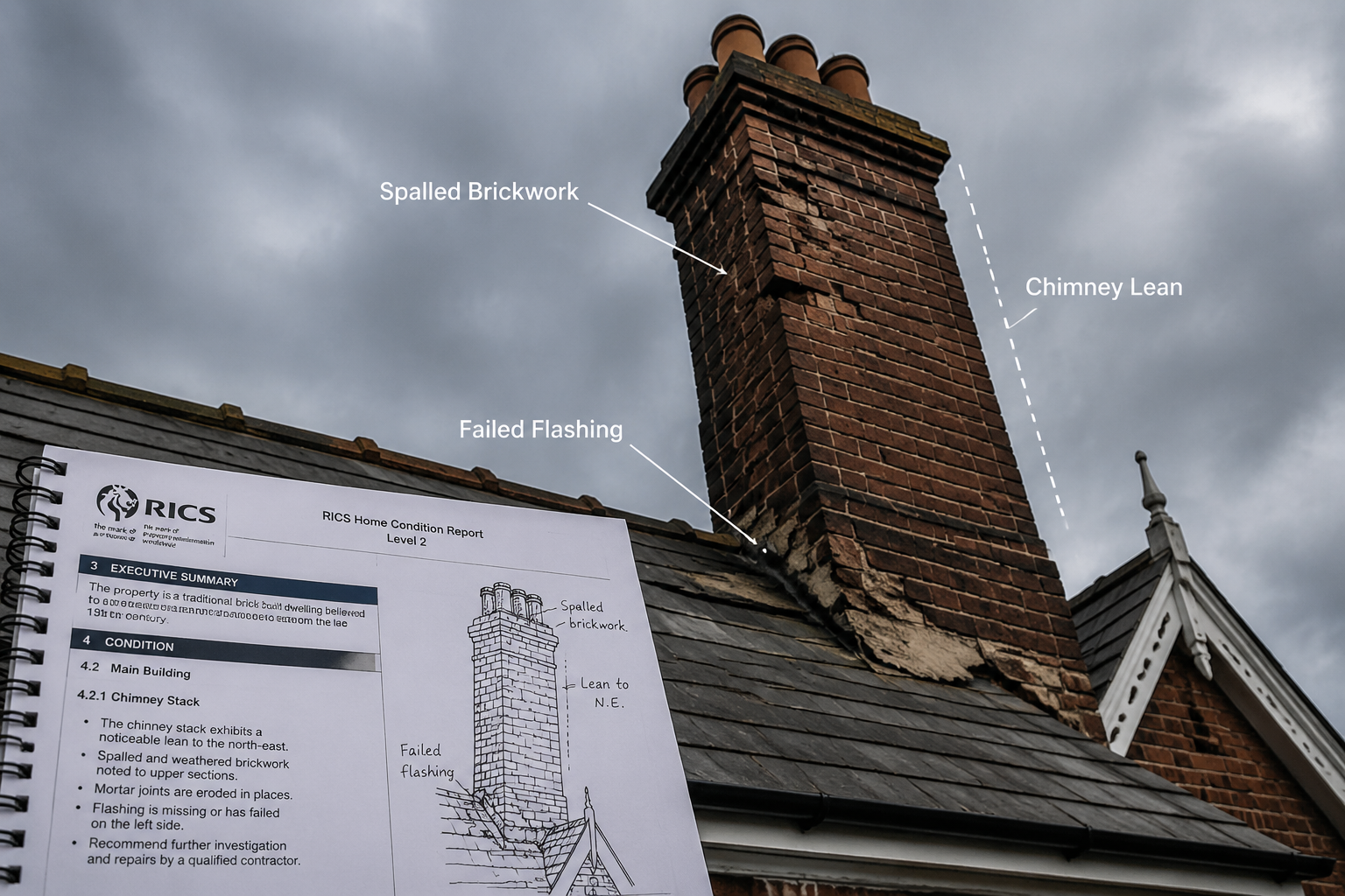 Wide-angle () editorial photograph taken from below looking up at a deteriorating Victorian-era chimney stack with cracked