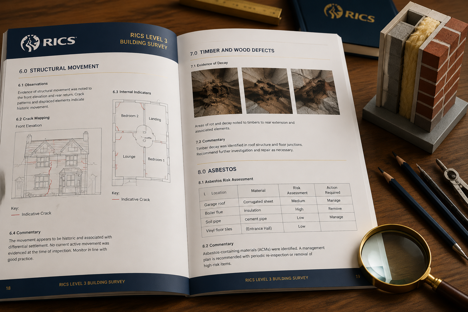 Close-up () editorial studio-style image of an open RICS Level 3 Building Survey report document on a wooden desk, pages