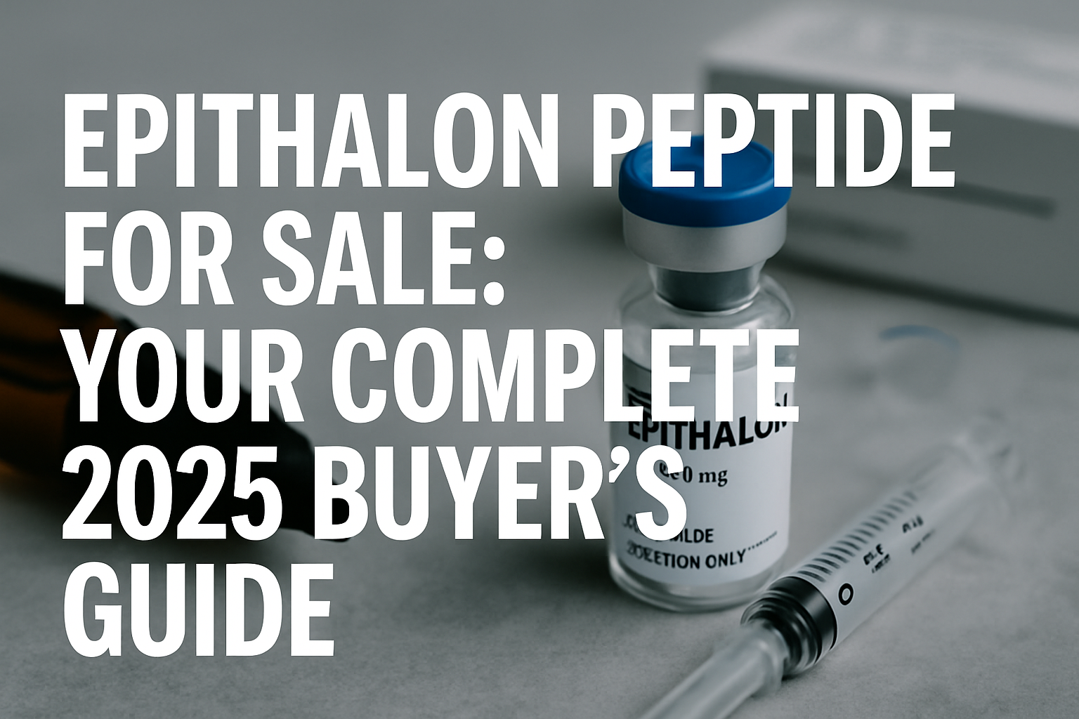 Professional landscape hero image (1536x1024) with bold text overlay: "Epithalon Peptide for Sale: Your Complete 2025 Buyer's Guide". Modern