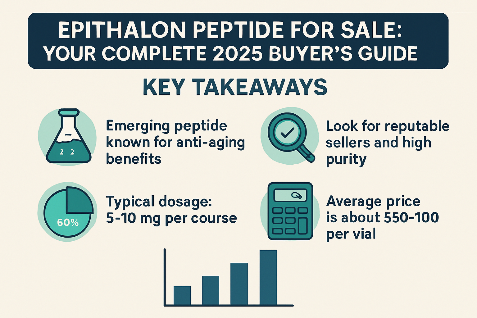 Professional landscape infographic (1536x1024) for article "Epithalon Peptide for Sale: Your Complete 2025 Buyer's Guide", section: "Key Tak