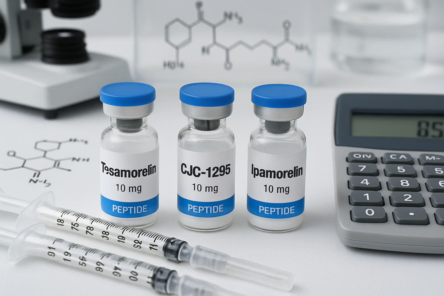Laboratory research setup showing three peptide vials labeled tesa, CJC-1295, and ipamorelin arranged on a sterile white surface with