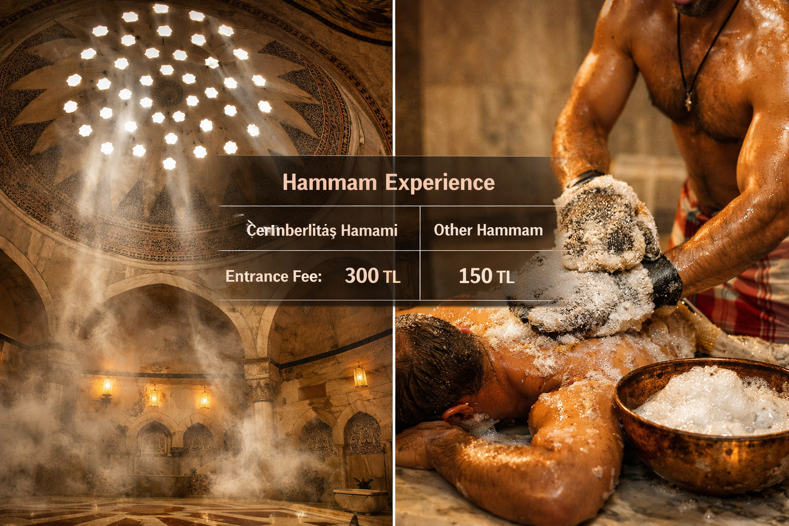 Detailed () editorial image showing a split-scene comparison of the Turkish hammam experience journey: left side depicts the