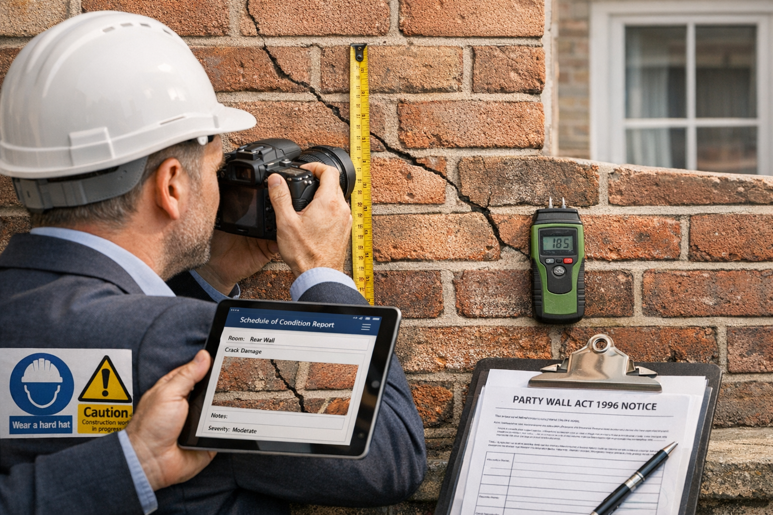 Detailed () image showing close-up of professional party wall surveyor conducting schedule of condition inspection at