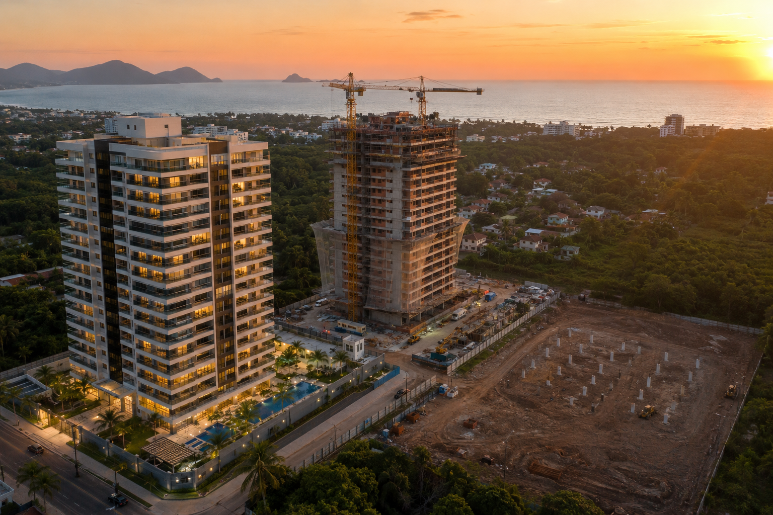 Aerial drone-perspective photograph of a phased residential development site in coastal Brazil — one completed building