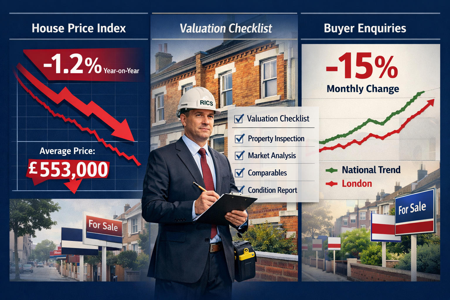 Detailed landscape format (1536x1024) image showing London property market data visualization with three-panel infographic layout. Left pane