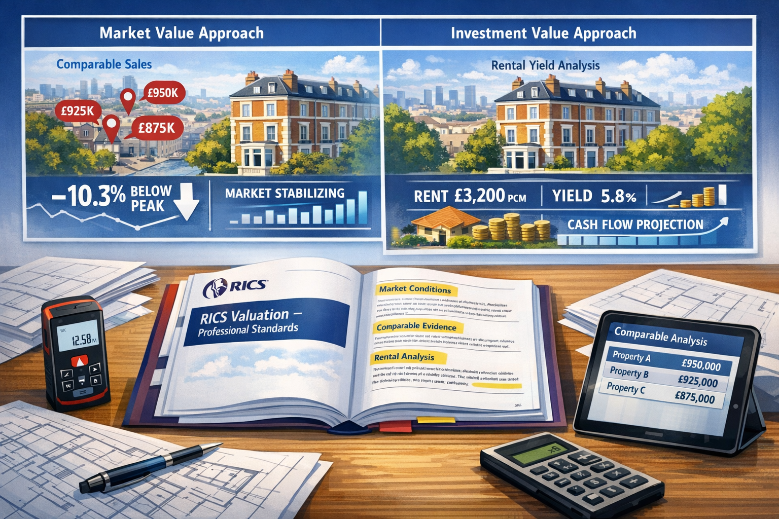 Detailed landscape format (1536x1024) illustration depicting RICS Red Book valuation methodology in action. Central focus shows open RICS Re