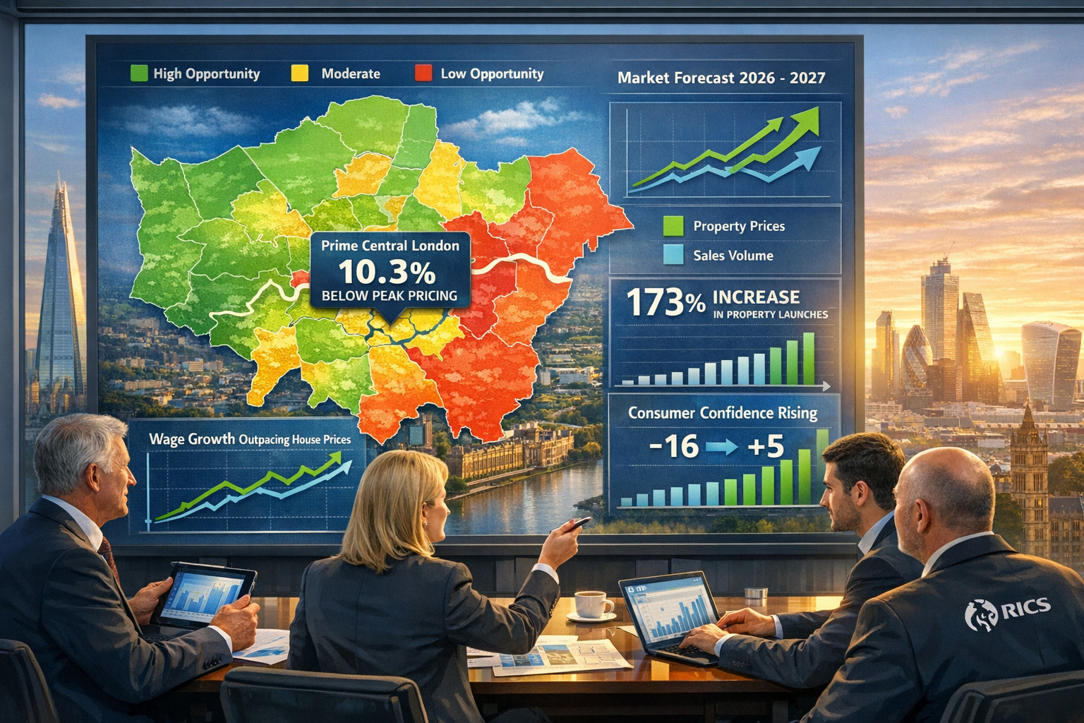 Detailed landscape format (1536x1024) forward-looking strategic image showing London property market opportunity map. Central feature displa