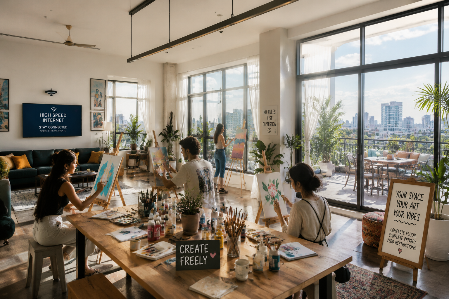 Detailed () image prompt showcasing a stylish, fully private Airbnb living space near Cyber City transformed into a vibrant