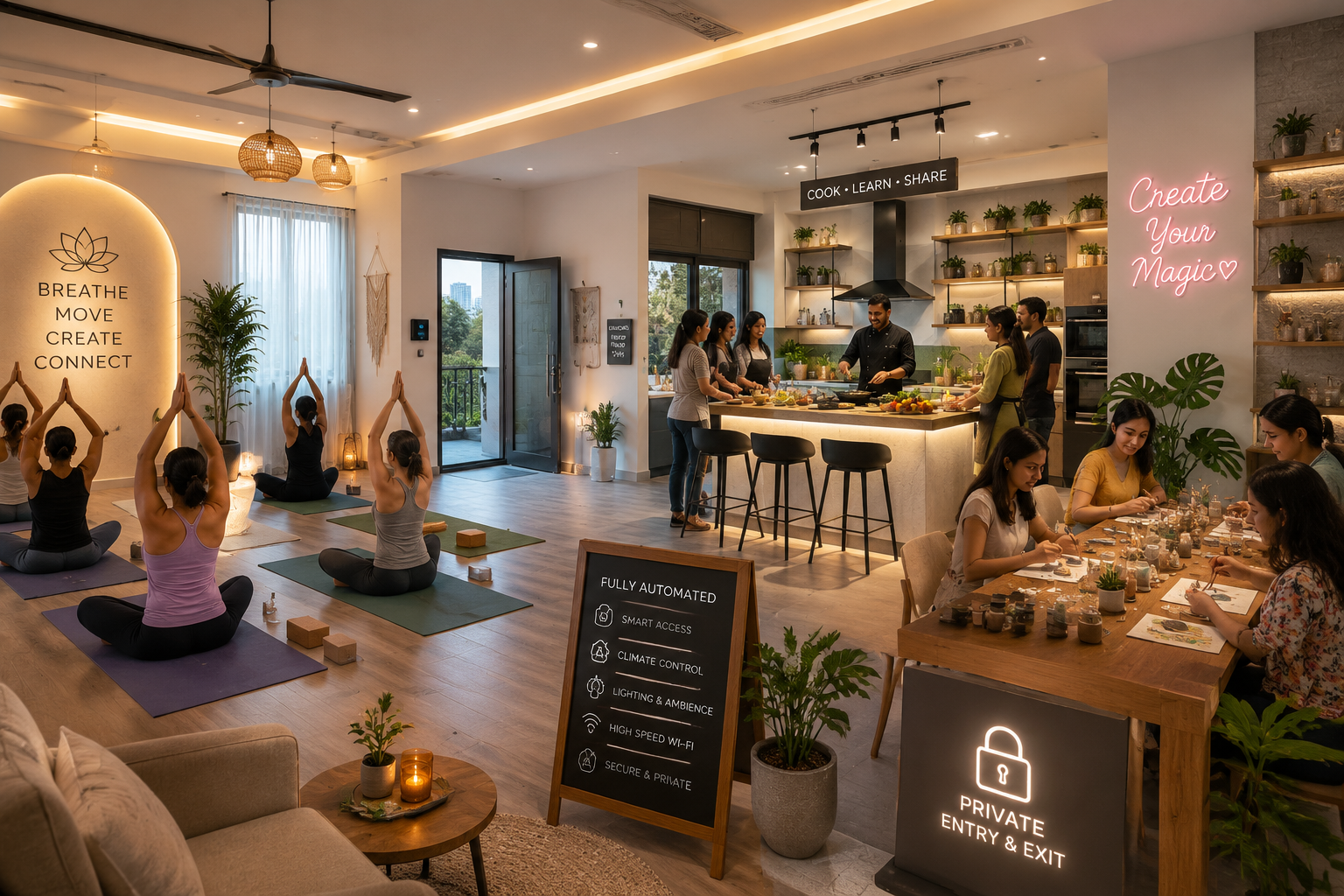 Detailed () image prompt depicting a cozy, versatile Airbnb space near Cyber City, optimized for multiple workshop types.