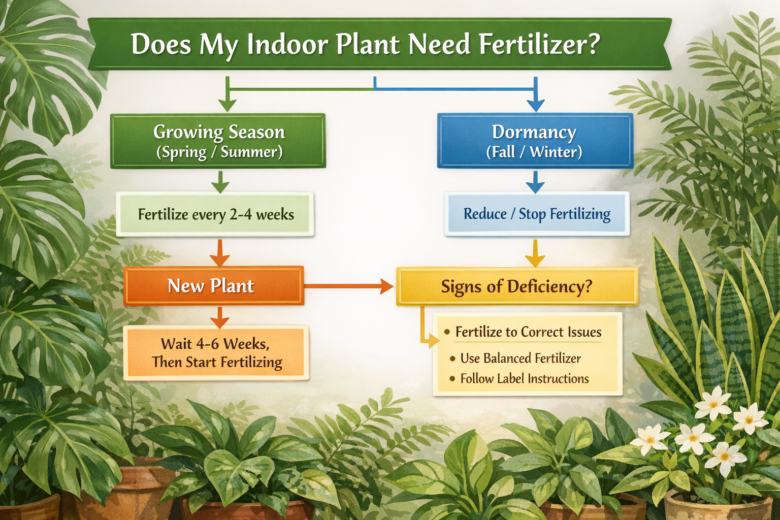 () image displaying a visual flowchart or decision tree for determining indoor plant fertilization needs. The chart has