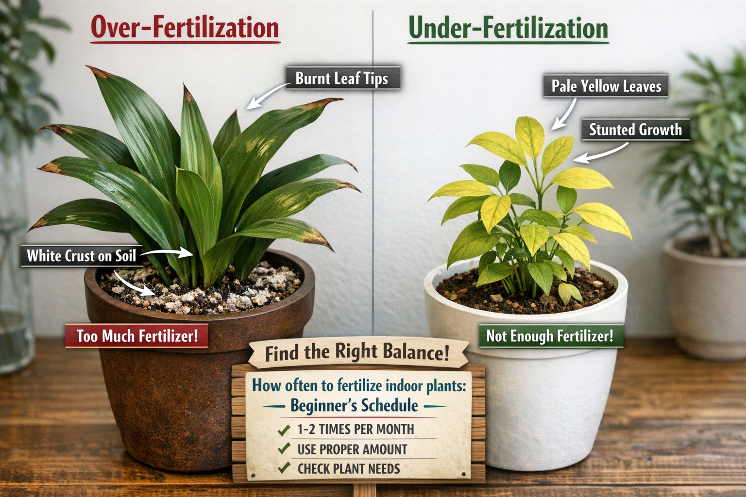 () image contrasting two indoor plants side-by-side: one showing signs of over-fertilization (burnt leaf tips, white crust