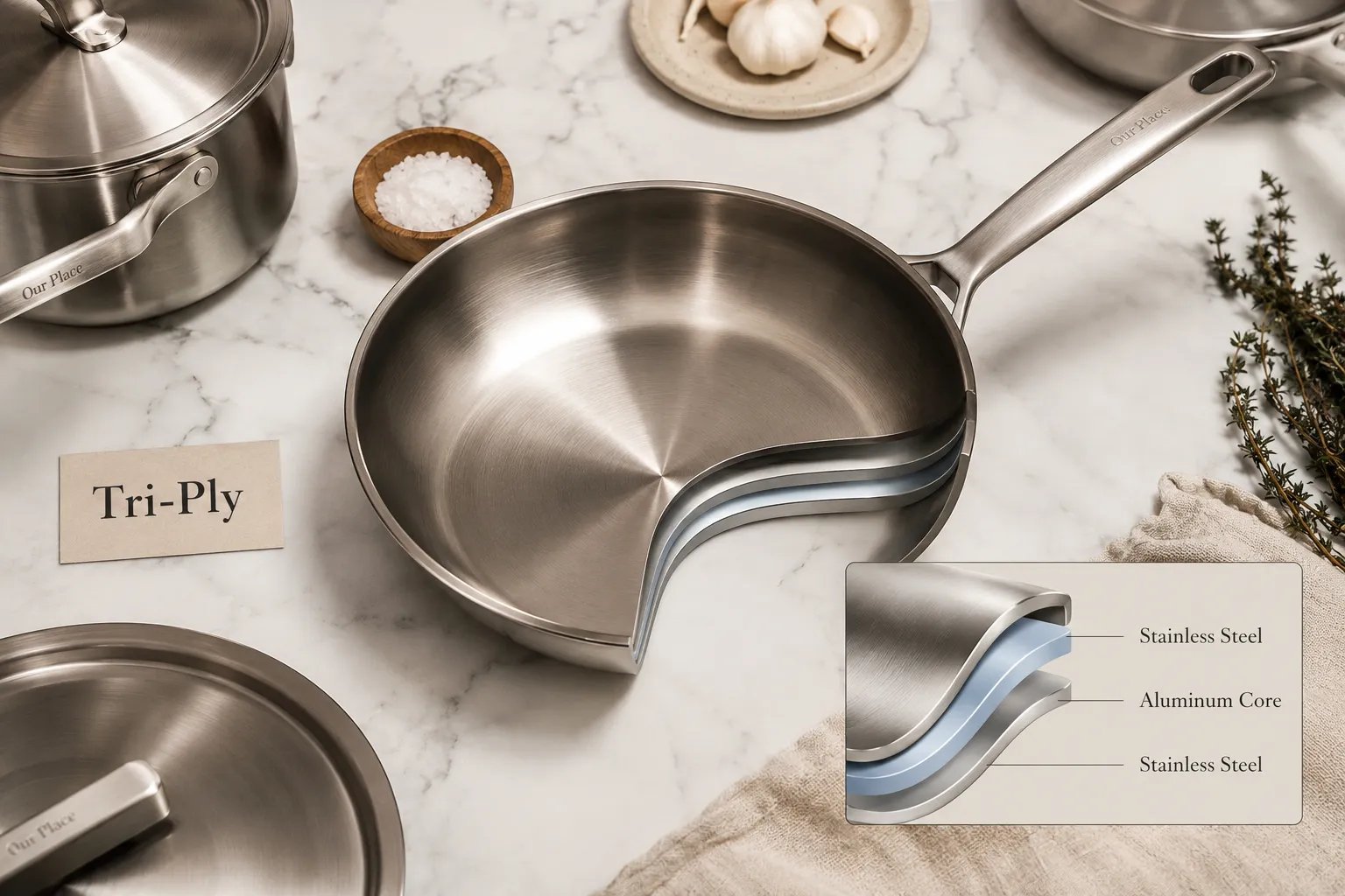 Editorial flat-lay photography landscape format (1536x1024): overhead studio shot of Our Place Titanium Pro cookware components laid out on a white marble surface, showing the tri-ply cross-section detail of a pan with a small label reading 'Tri-Ply' in 3 words, warm studio lighting with soft shadows, crisp product photography, silver titanium interior gleaming, stainless steel exterior visible, aluminum core cross-section illustrated as a small inset diagram in the corner, clean minimal composition, Pinterest-worthy kitchen editorial aesthetic. Our Place Titanium Pro Cookware Set
