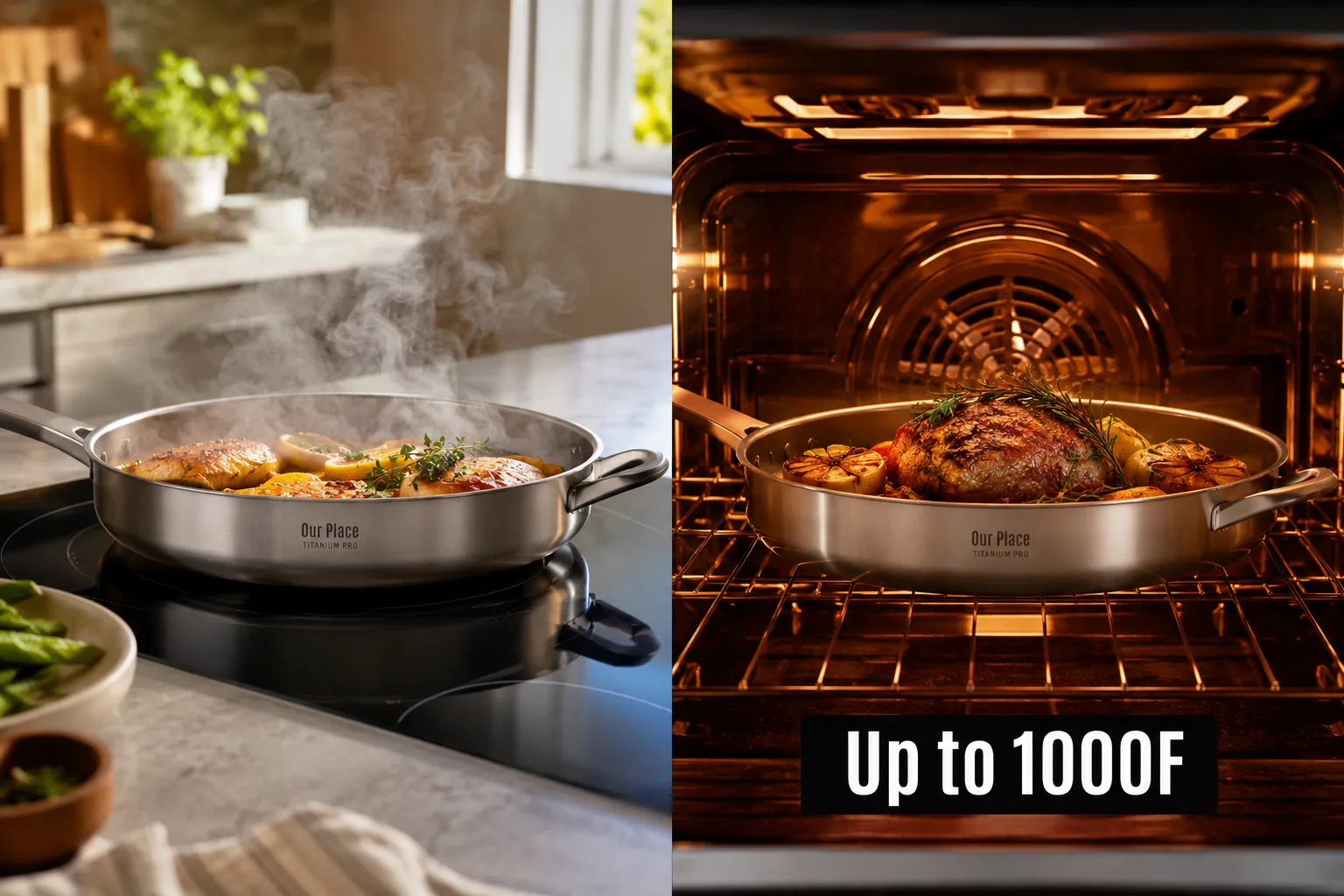 Split-screen landscape format (1536x1024): left half shows Our Place Titanium Pro pan sizzling on an induction cooktop with steam rising, warm kitchen environment, natural daylight; right half shows the same pan inside a bright oven at high temperature with the label 'Up to 1000F' in bold white text on a dark strip at the bottom center, 8% safe margins, no text touching edges. High contrast editorial photography, vibrant colors, professional food styling, magazine quality. Our Place Titanium Pro Cookware Oven Safe Temperature and Cooktop Compatibility