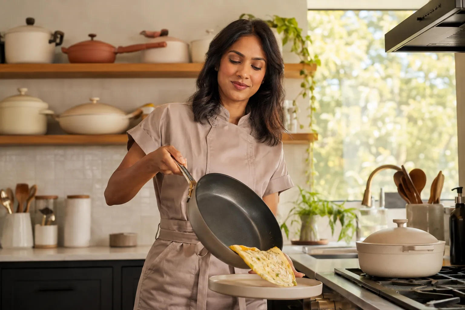 Cinematic editorial landscape format (1536x1024): a diverse mid-30s South Asian woman chef in a modern bright kitchen confidently cooking with a gleaming titanium nonstick pan, eggs sliding effortlessly off the surface, warm natural light from large windows, bokeh background of a well-equipped kitchen, Our Place cookware set visible on open shelving behind her, rich warm color grading, shallow depth of field, lifestyle editorial photography style, empowering and aspirational mood, no tables or text overlays. Our Place Titanium Pro Cookware Reviews and Ratings