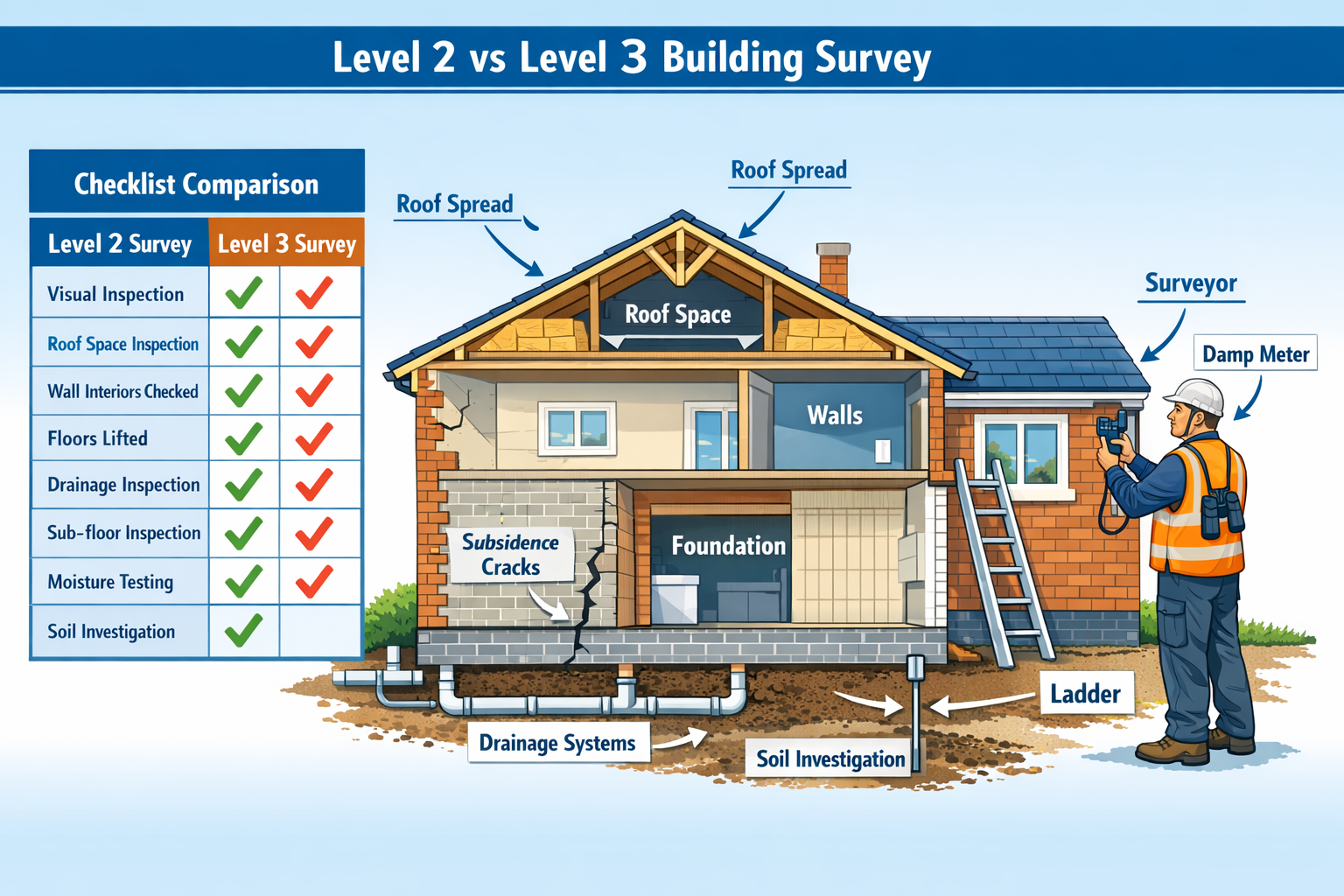 Detailed () technical diagram showing cross-sectional comparison of Level 2 versus Level 3 building survey protocols for