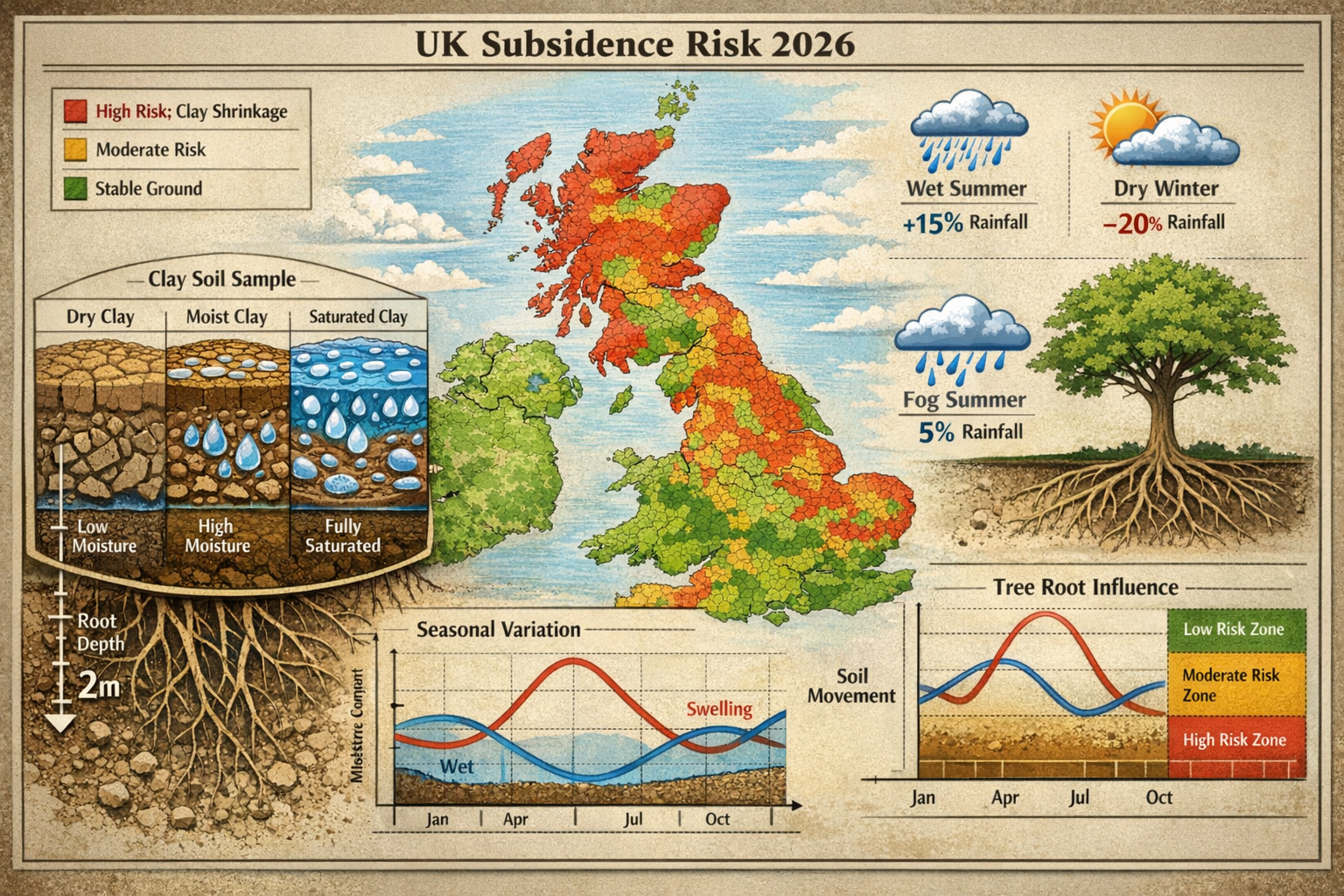 Detailed () geological illustration showing regional UK soil types and their subsidence risk profiles for 2026. Map-style