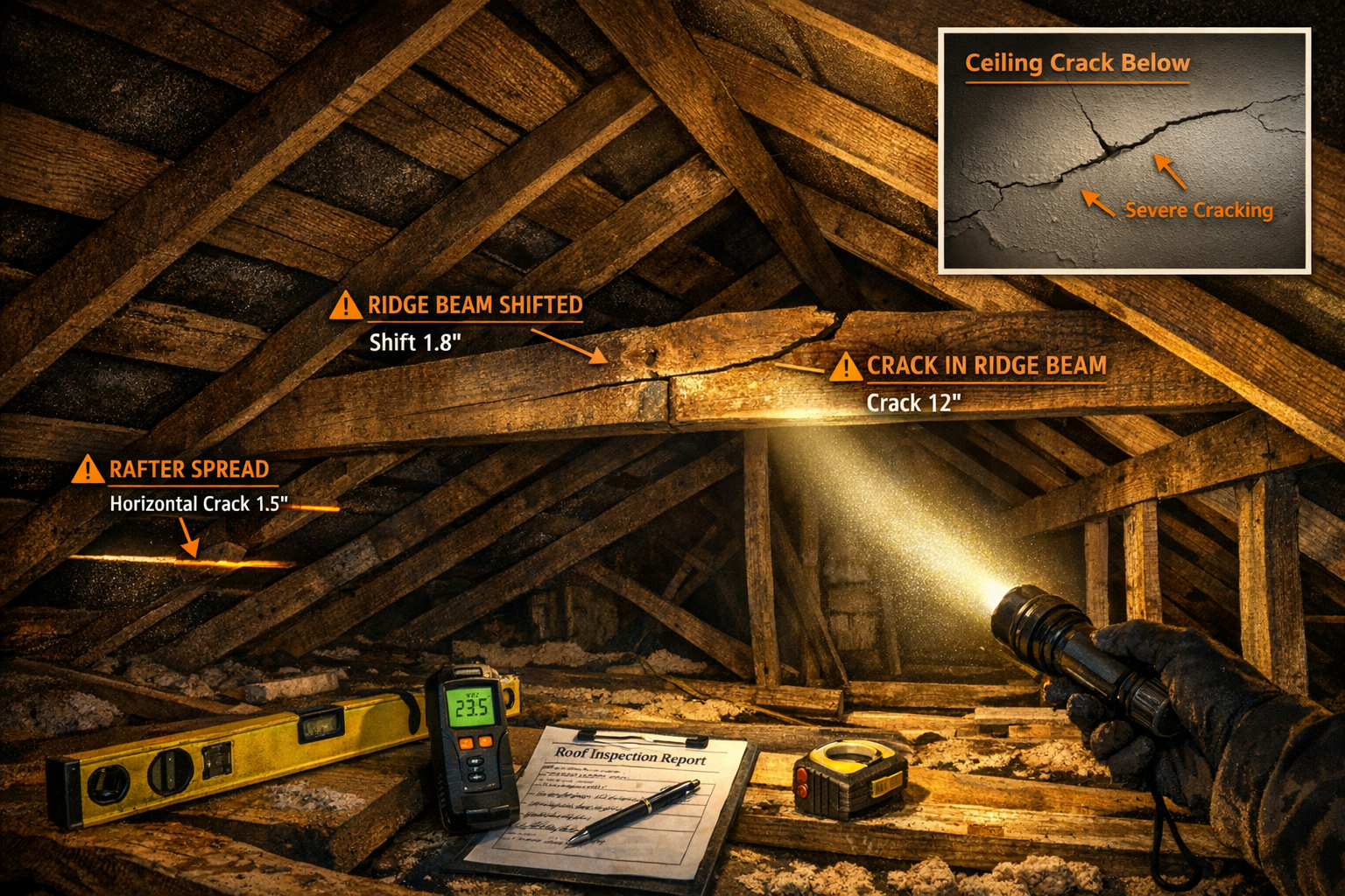 Detailed () photorealistic scene showing bungalow roof structure inspection from interior roof space perspective. Exposed