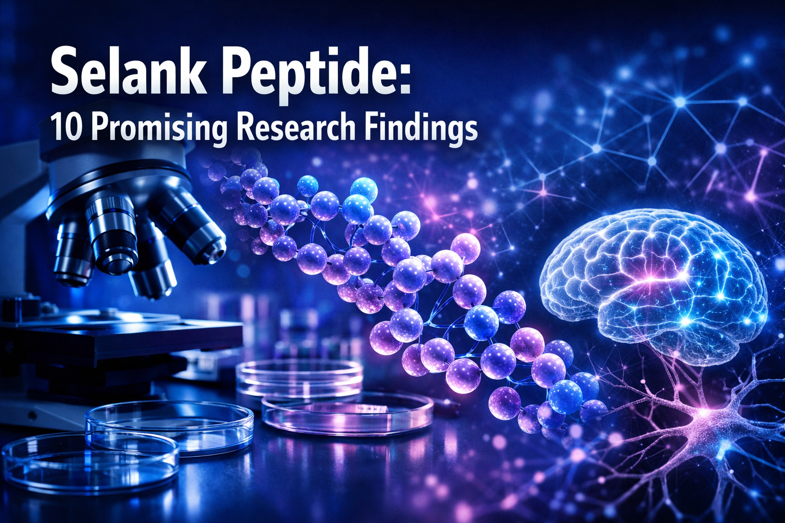 Professional landscape hero image (1536x1024) featuring bold text overlay 'Selank Peptide: 10 Promising Research Findings' in extra large 72