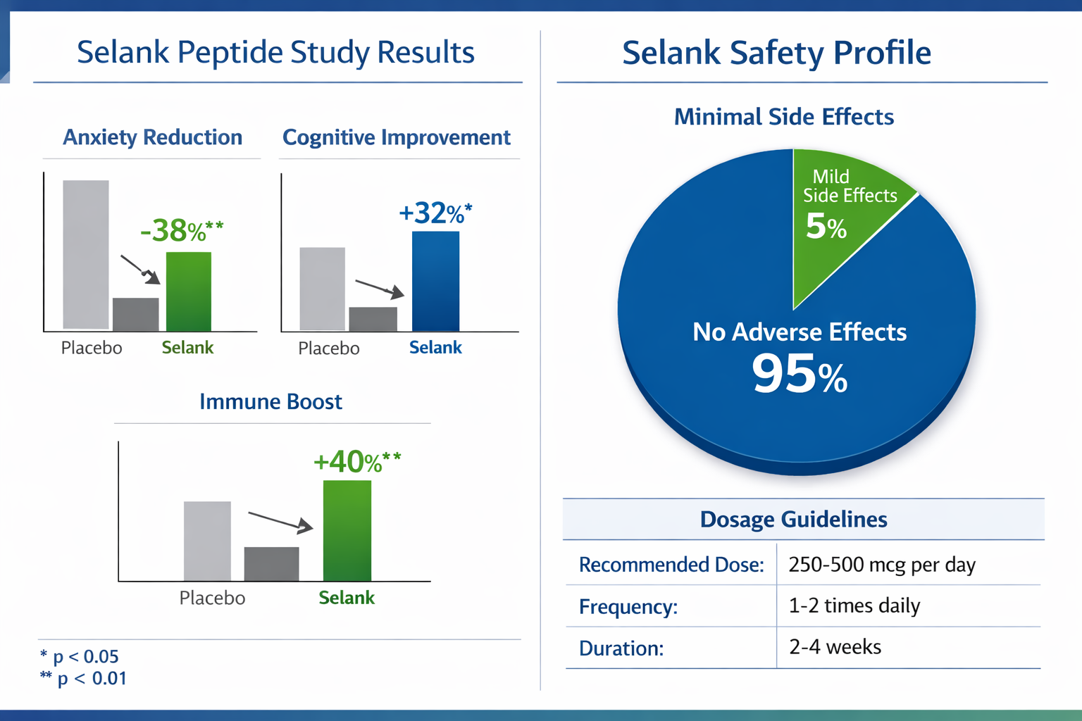 Research data visualization showing split-screen comparison: left side displays clinical trial results with bar graphs comparing Selank pept