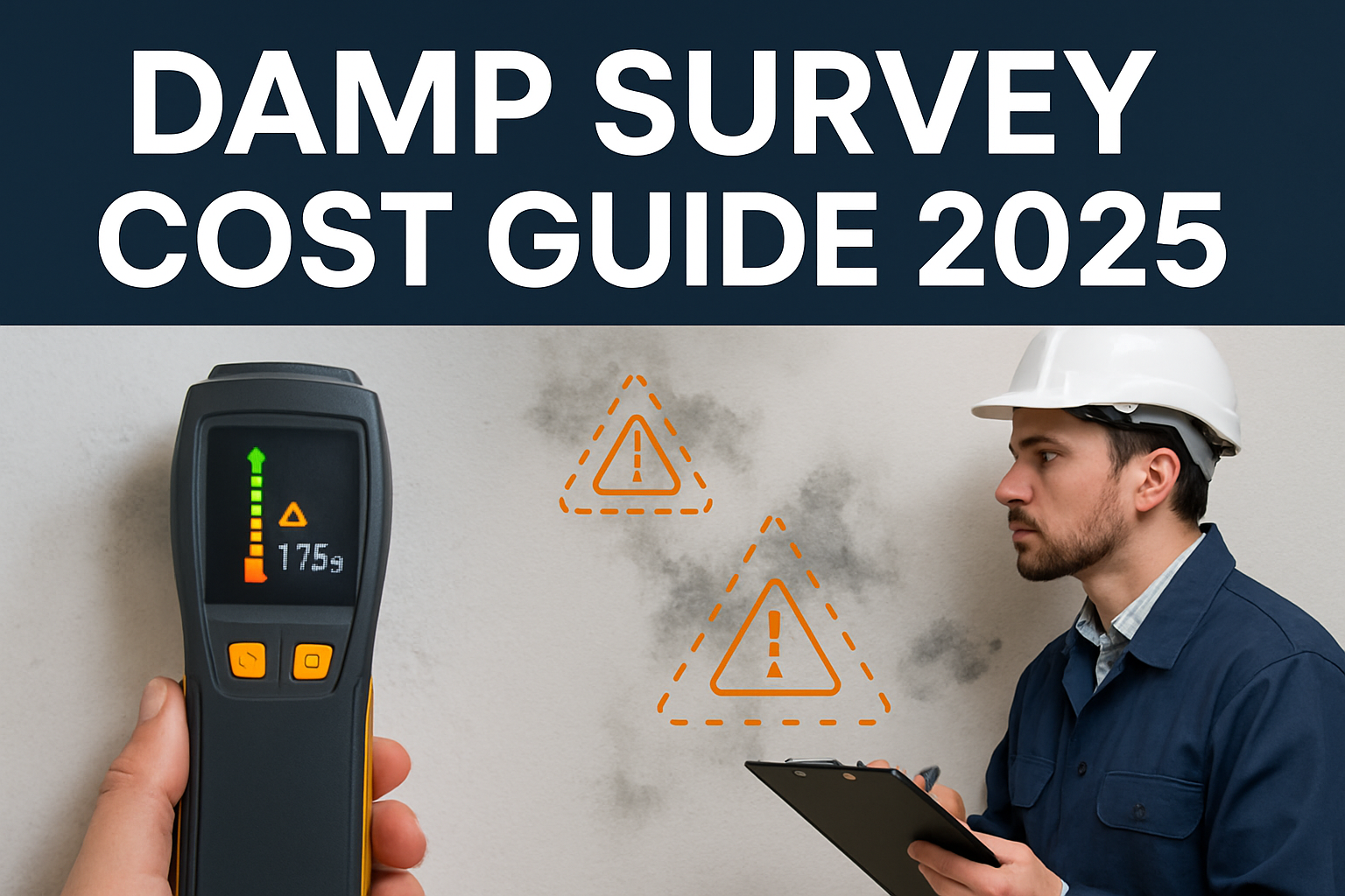 Professional landscape hero image (1536x1024) featuring bold text overlay 'Damp Survey Cost Guide 2025' in extra large 72pt white sans-serif