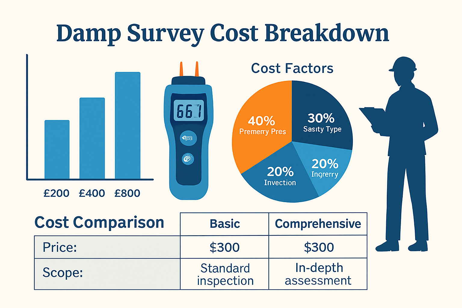 Detailed infographic showing damp survey cost breakdown with bar chart displaying price ranges £200-£800, pie chart showing cost factors (pr