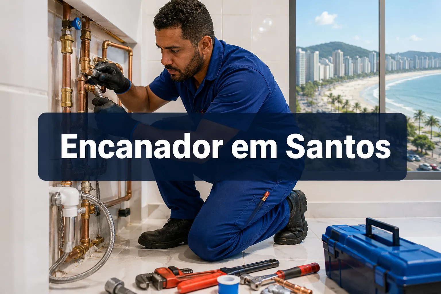Professional () hero image with (≤42 chars): 'Encanador em Santos', white on a deep navy semi-transparent panel, centered