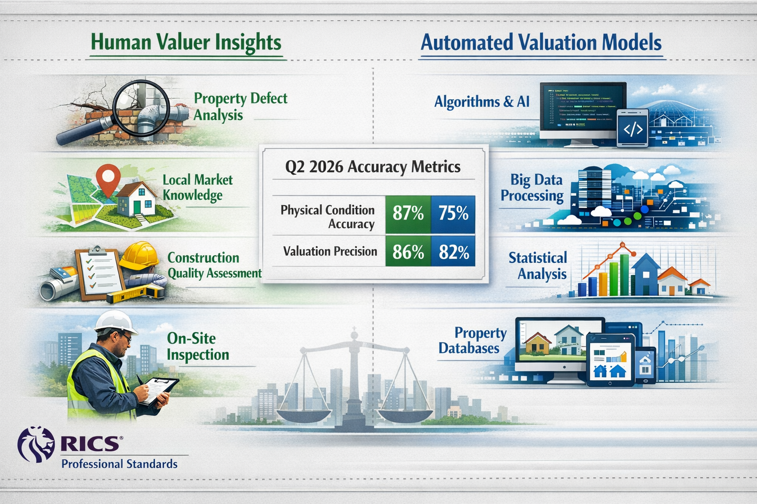 () editorial image showing detailed comparison infographic with two distinct columns: left column displays 'Human Valuer