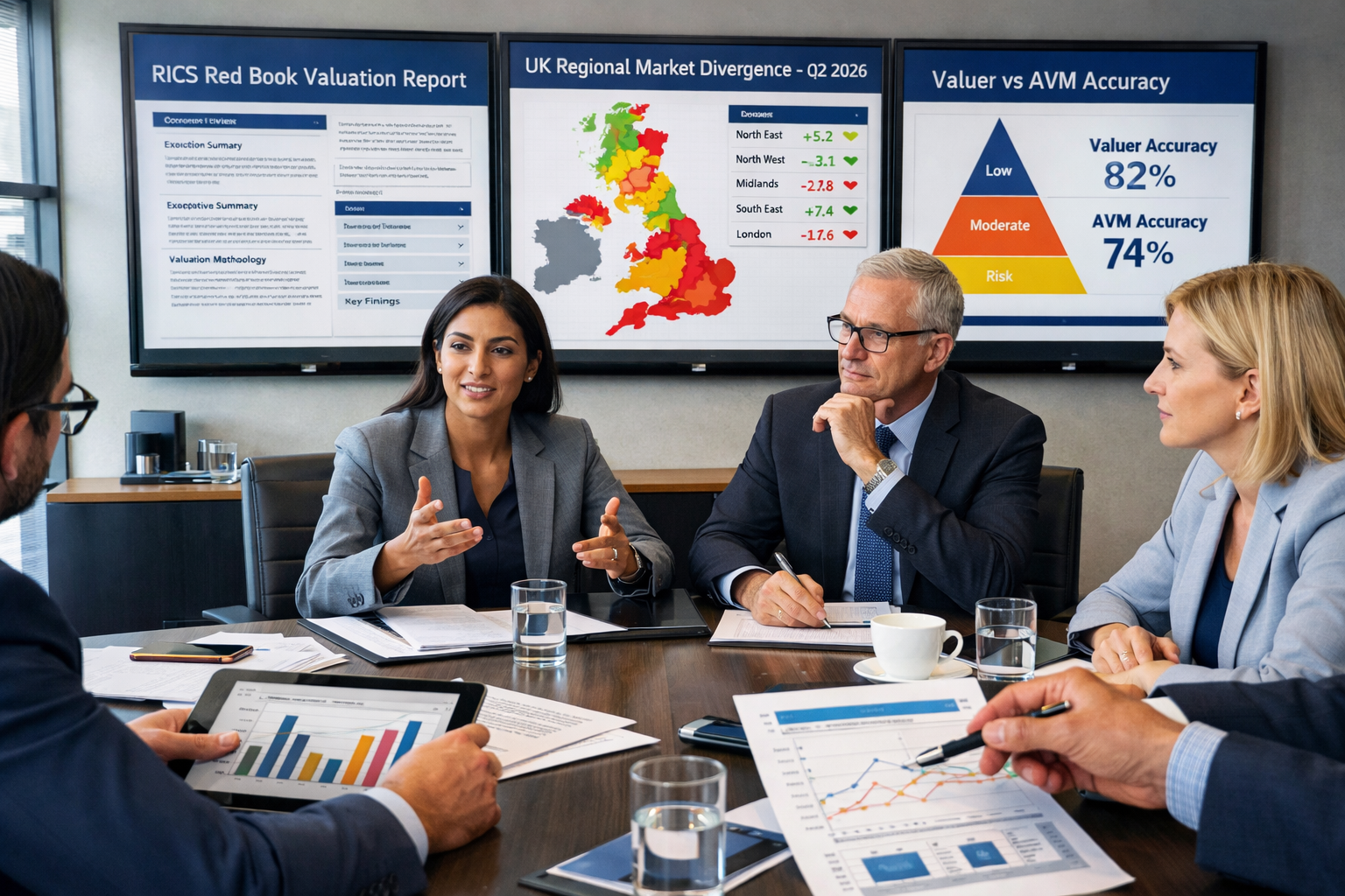 () sophisticated business meeting scene showing lender confidence strategy session with diverse group of professionals