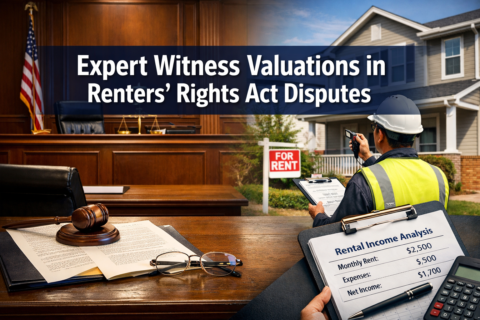 Professional () hero image featuring 'Expert Witness Valuations in Renters' Rights Act Disputes' in extra large white with