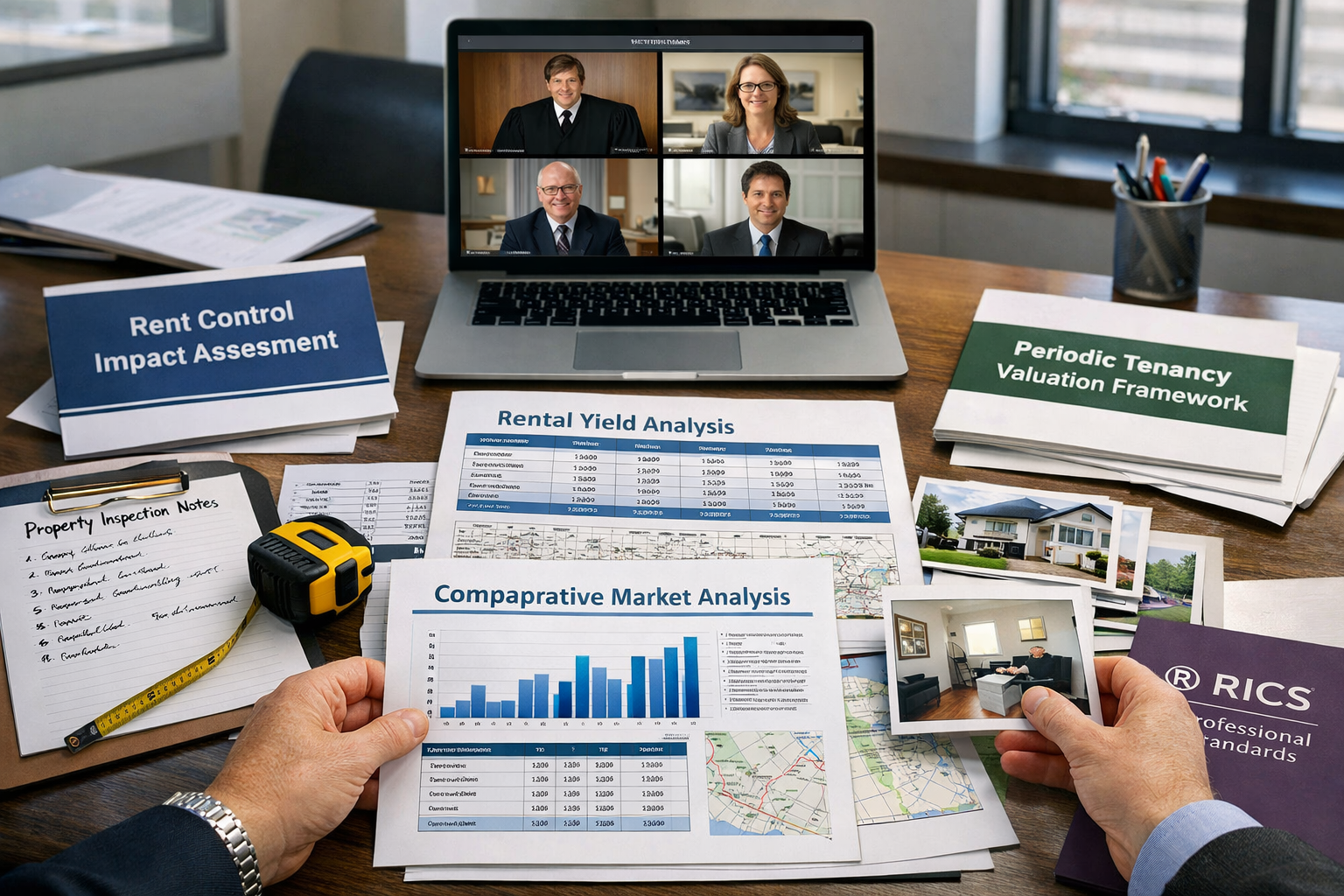 Detailed () image of expert witness preparing testimony materials: foreground shows hands arranging comparative market