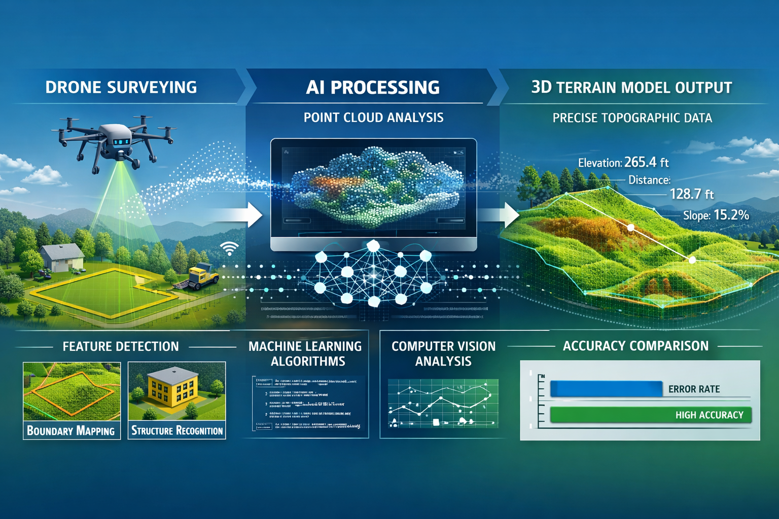 Detailed landscape format (1536x1024) image showing AI-powered land surveying workflow diagram with three connected stages: drone capturing 